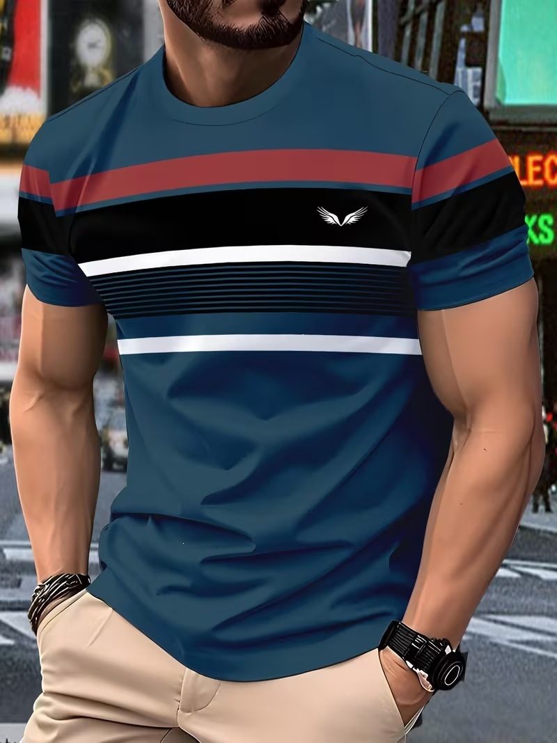 New Simple Striped Design 3D Print Men's T-Shirt Casual Novelty Logo Round Neck Short Sleeve