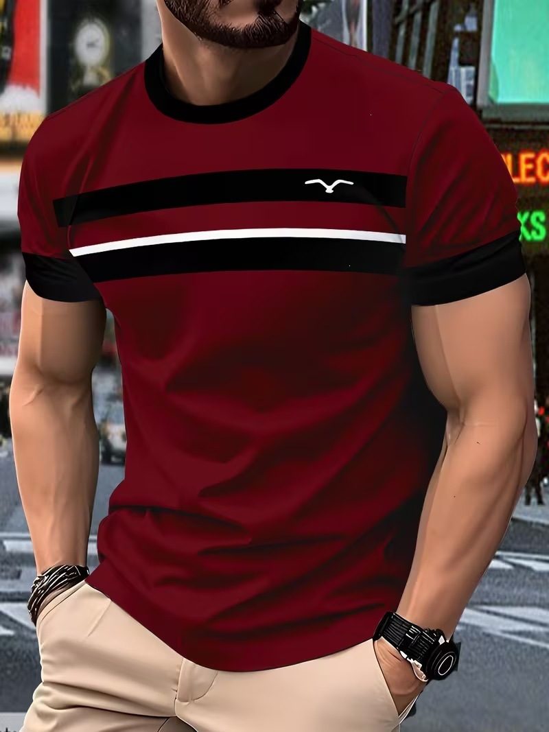 New Simple Striped Design 3D Print Men's T-Shirt Casual Novelty Logo Round Neck Short Sleeve