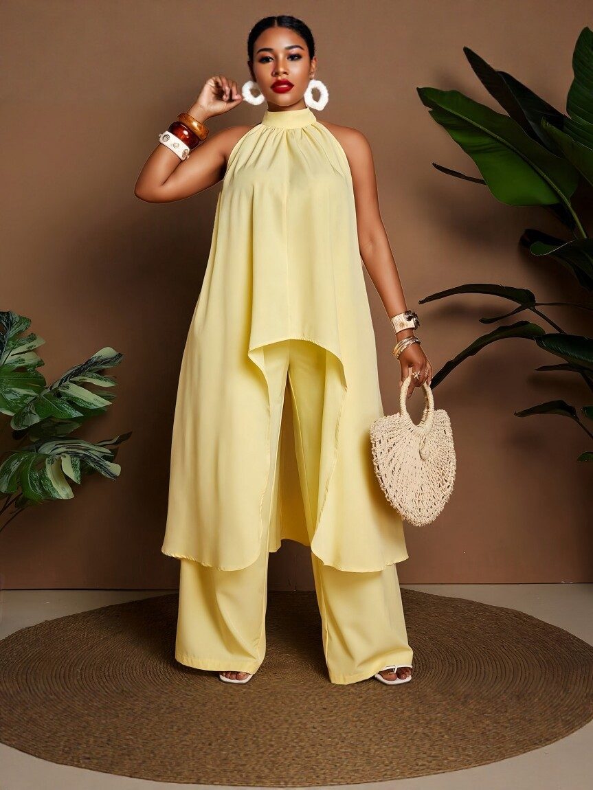 2026 New European & American Style Plus Size Yellow Halter Wide Leg Pants Set for Women Summer Fashion Vacation Two-Piece