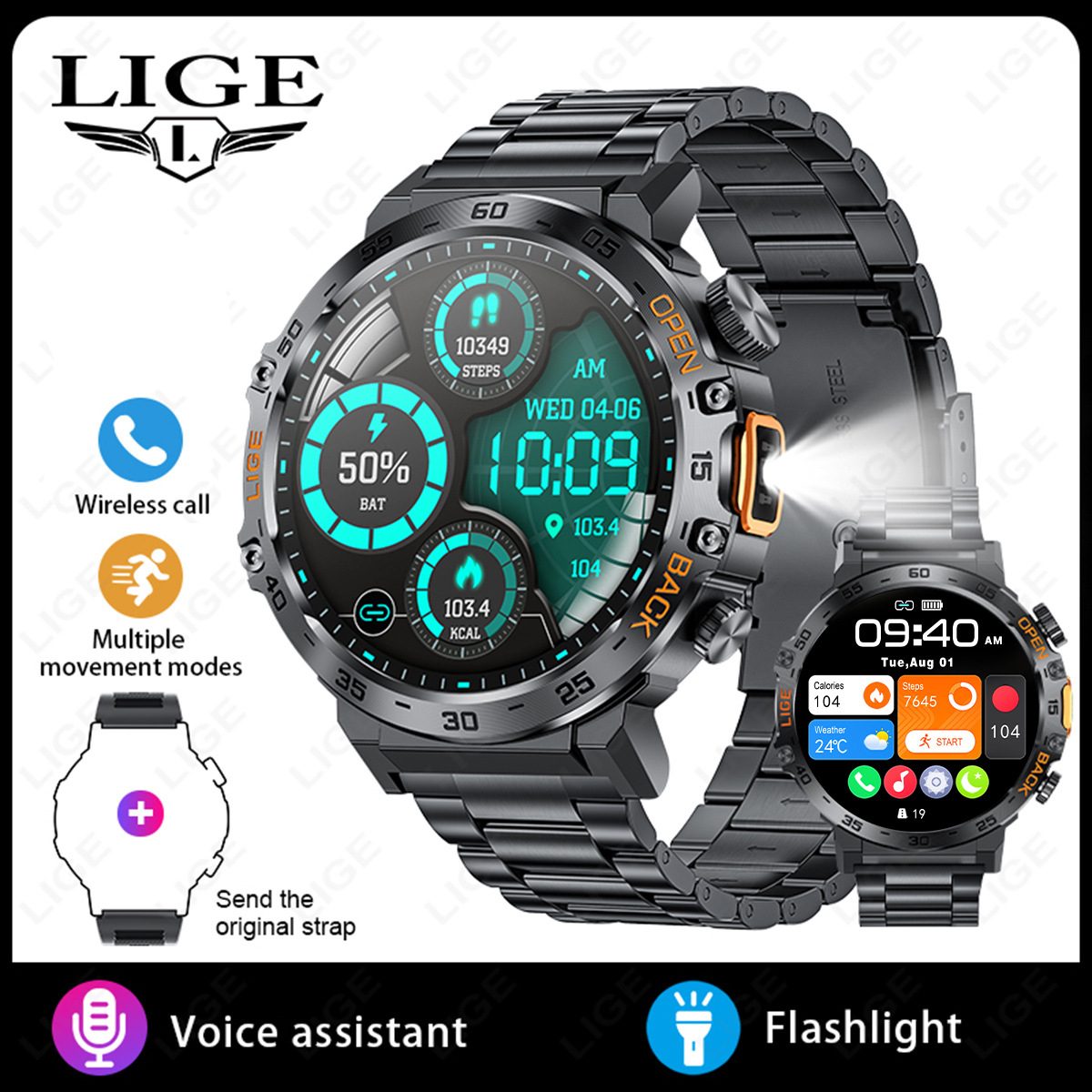 2026 Hot LIGE Business Smartwatch – Bluetooth Call, Built-in Flashlight, Black