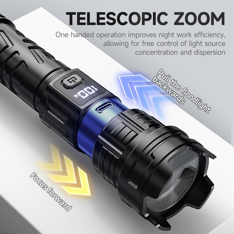 High Brightness Long-Lasting Flashlight for Home and Outdoor, Telescopic Zoom, Digital Display, Portable Emergency Hiking Flashlight