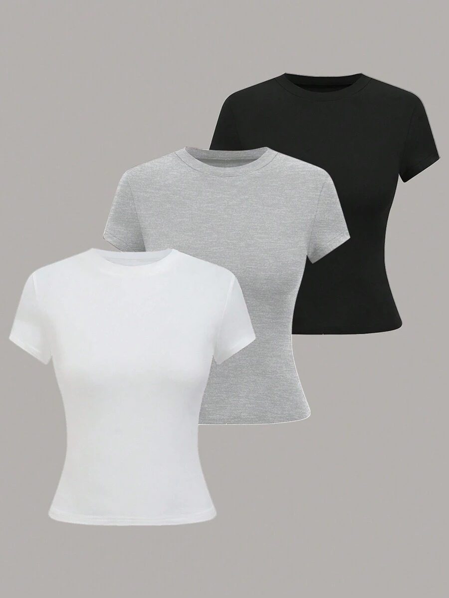 3-Piece Summer Women's Round Neck Short Sleeve Crop Fitted T-Shirt Set