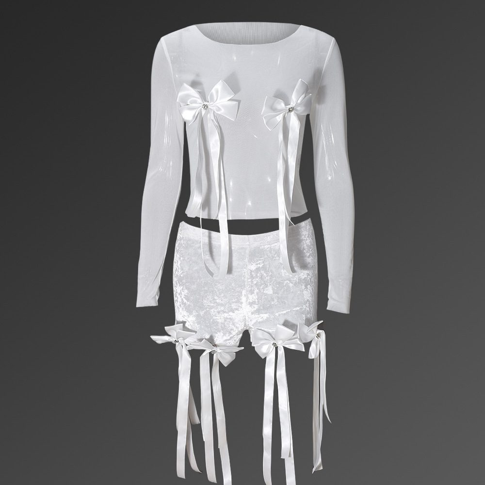 51626 Sexy 3D Bow Sheer Top Lace Tassel Streamers Fashion Shorts Set African Short Style