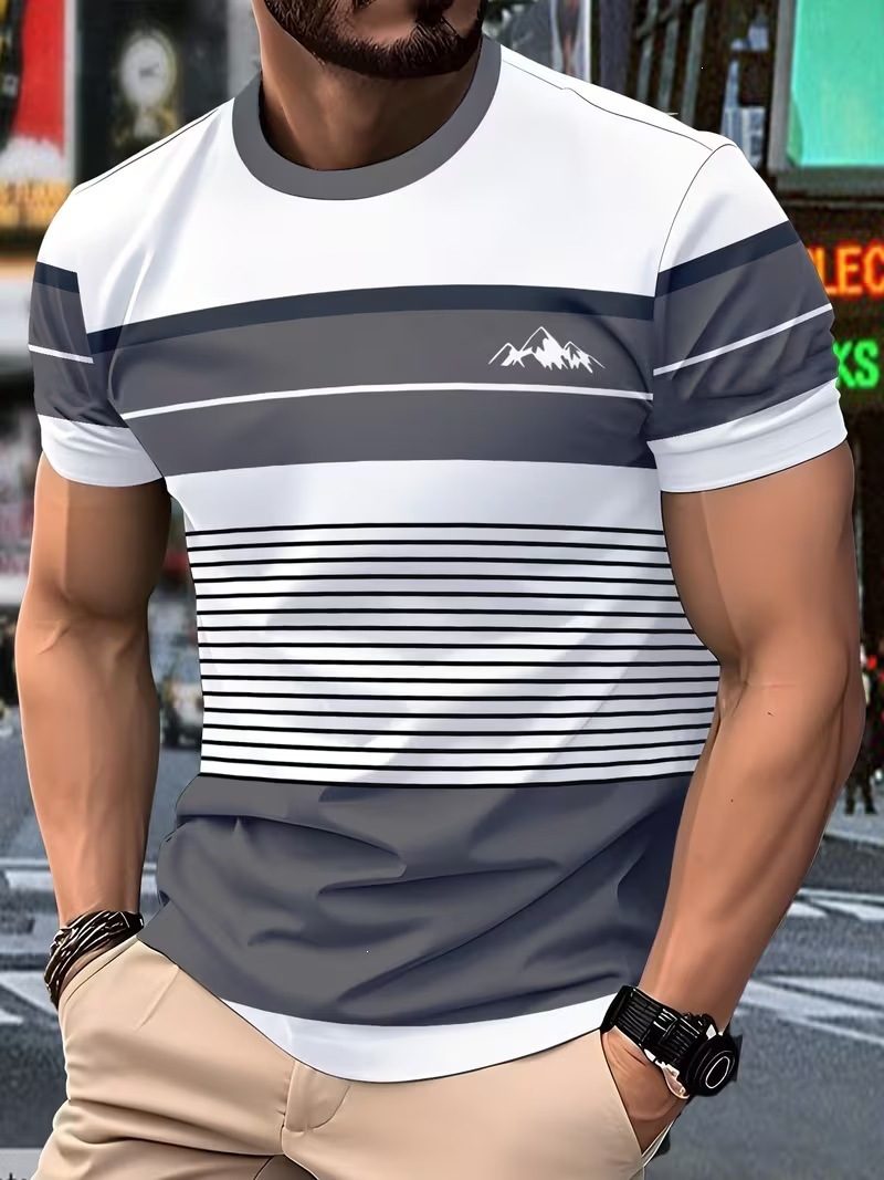 New Simple Striped Design 3D Print Men's T-Shirt Casual Novelty Logo Round Neck Short Sleeve