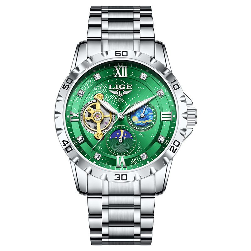  LIGE Luxury Men's Automatic Tourbillon Watch - Gold Two-Tone & Waterproof