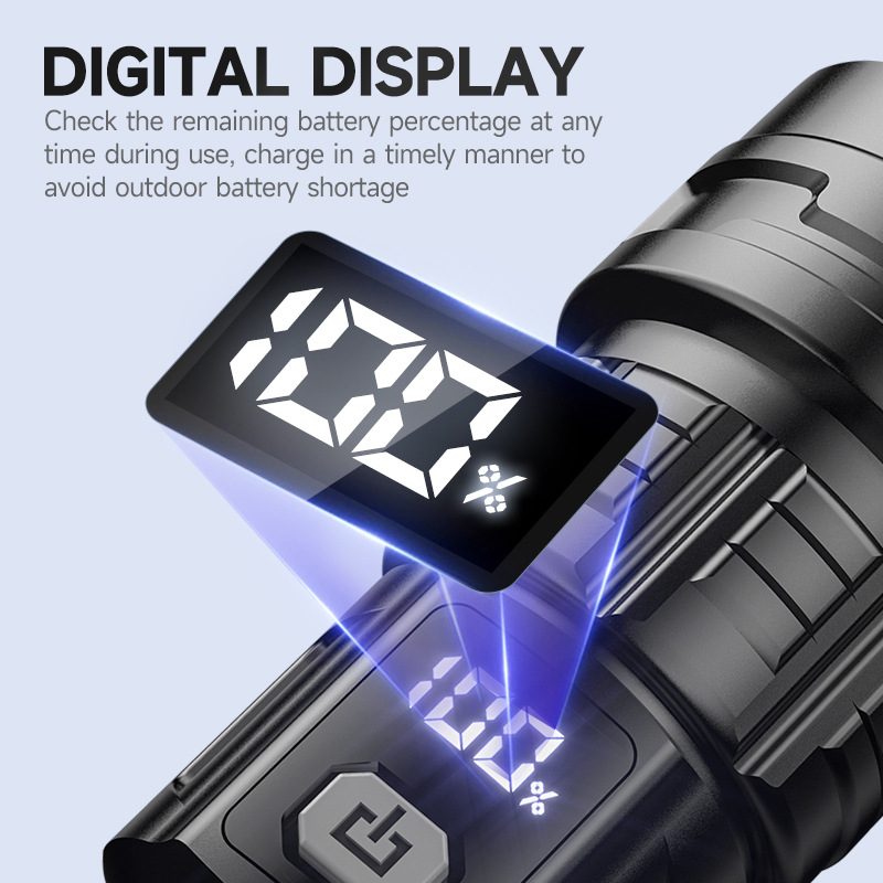 High Brightness Long-Lasting Flashlight for Home and Outdoor, Telescopic Zoom, Digital Display, Portable Emergency Hiking Flashlight