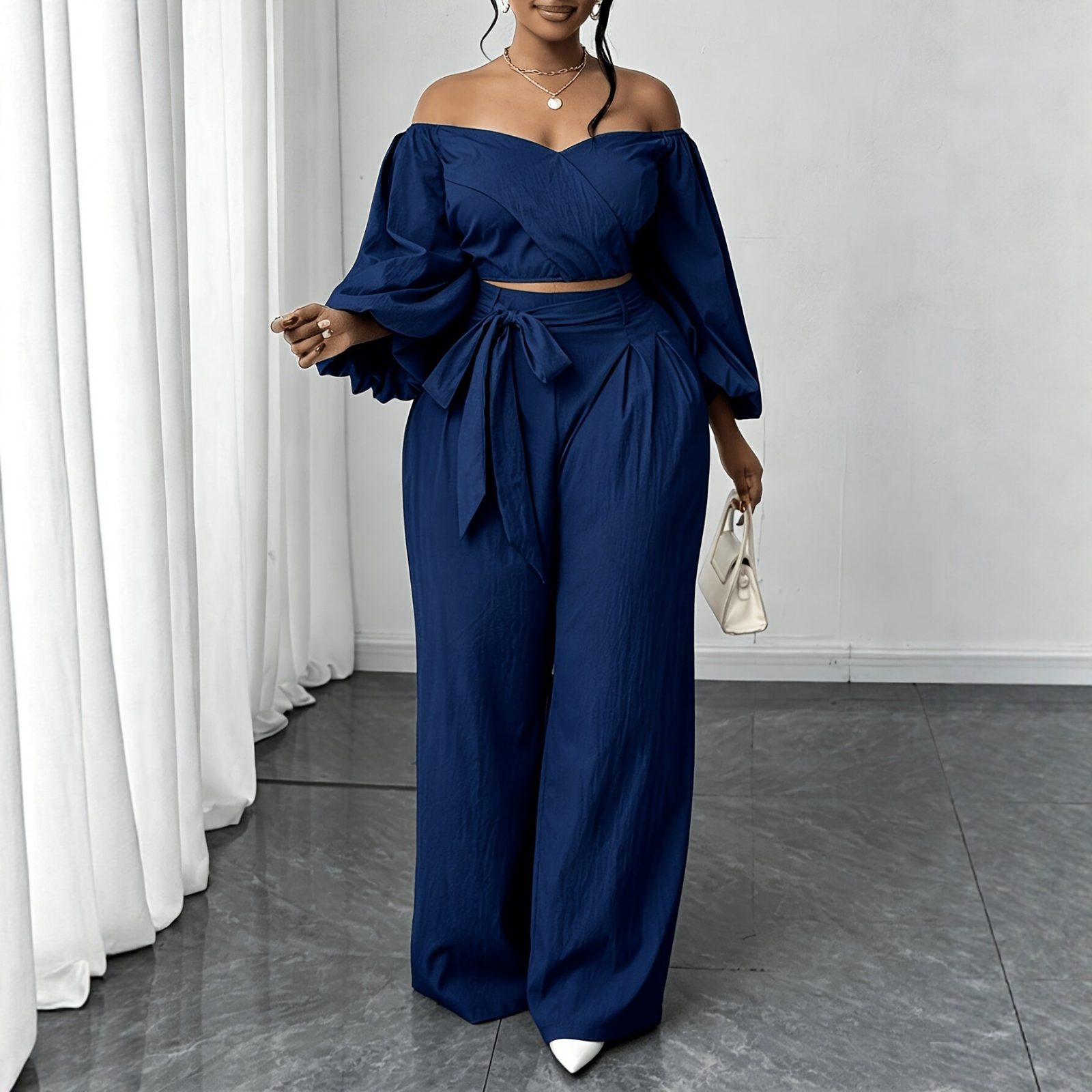 2026 Plus Size Women's Off-Shoulder Fashion Top Set with Tie Straight Leg Pants Two-Piece Set