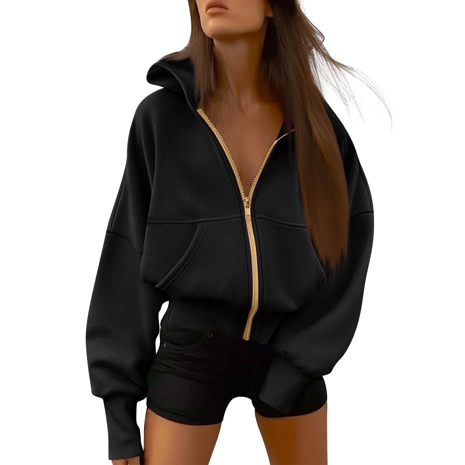 2026 Fall/Winter New Arrival Comfortable Loose Solid Color Hooded Zip-Up Sweatshirt
