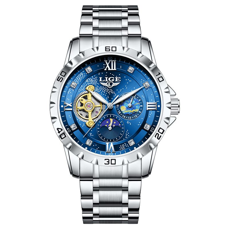  LIGE Luxury Men's Automatic Tourbillon Watch - Gold Two-Tone & Waterproof