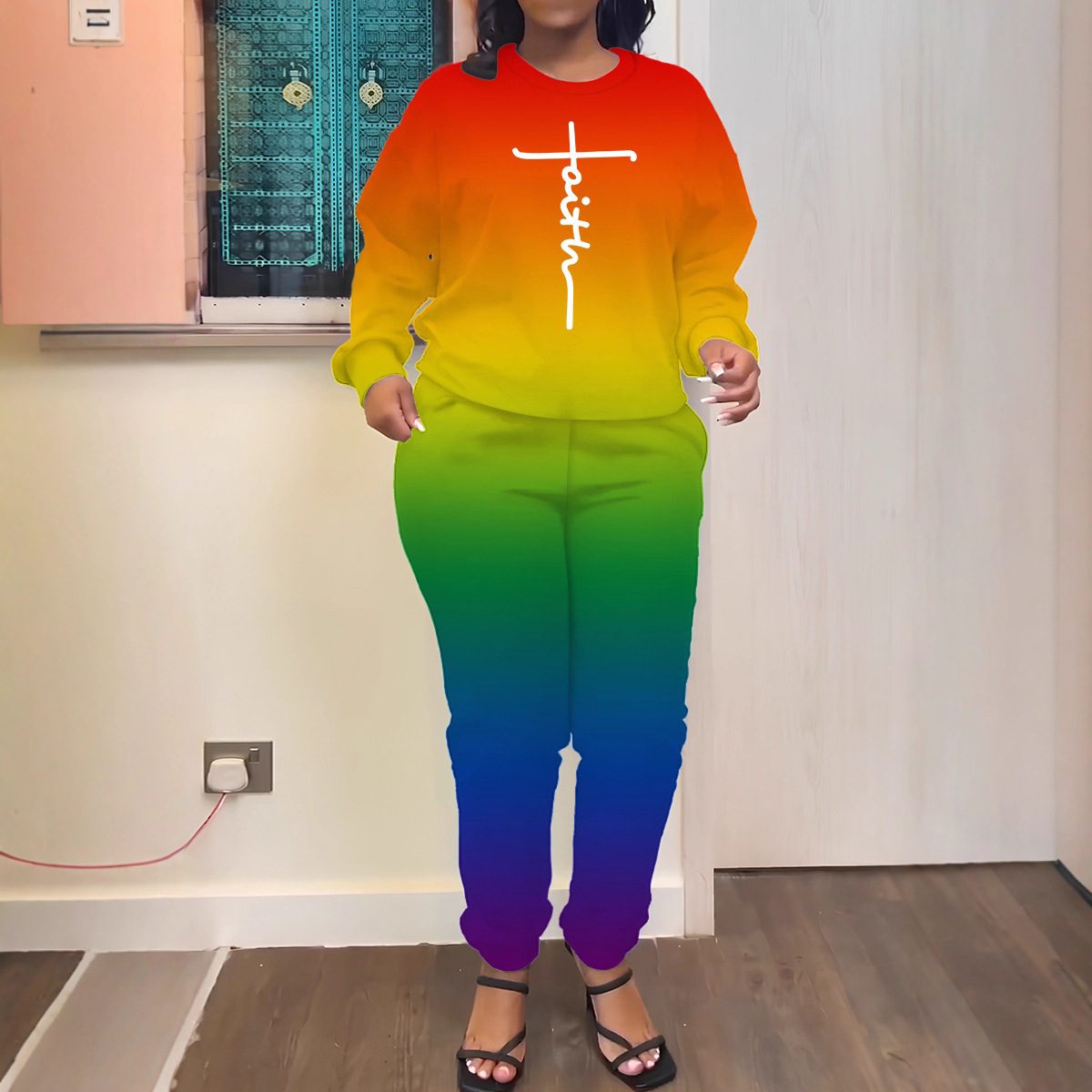 2026 Fall New Women's Casual Gradient Round Neck 2-Piece European American Sweatshirt and Sweatpants Set