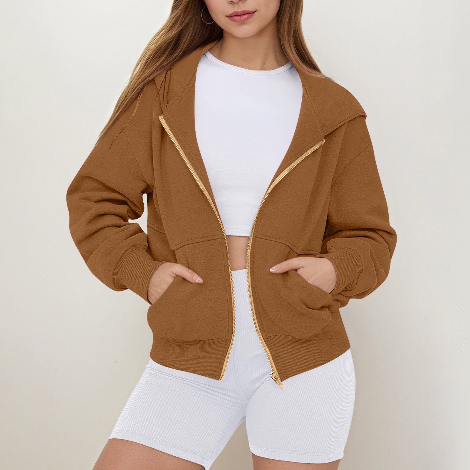 2026 Fall/Winter New Arrival Comfortable Loose Solid Color Hooded Zip-Up Sweatshirt