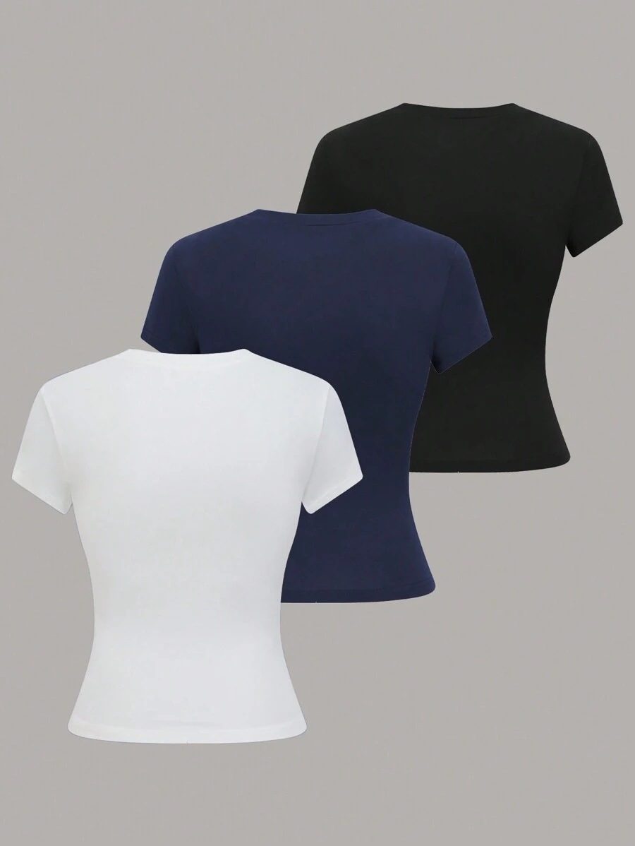 3-Piece Summer Women's Round Neck Short Sleeve Crop Fitted T-Shirt Set