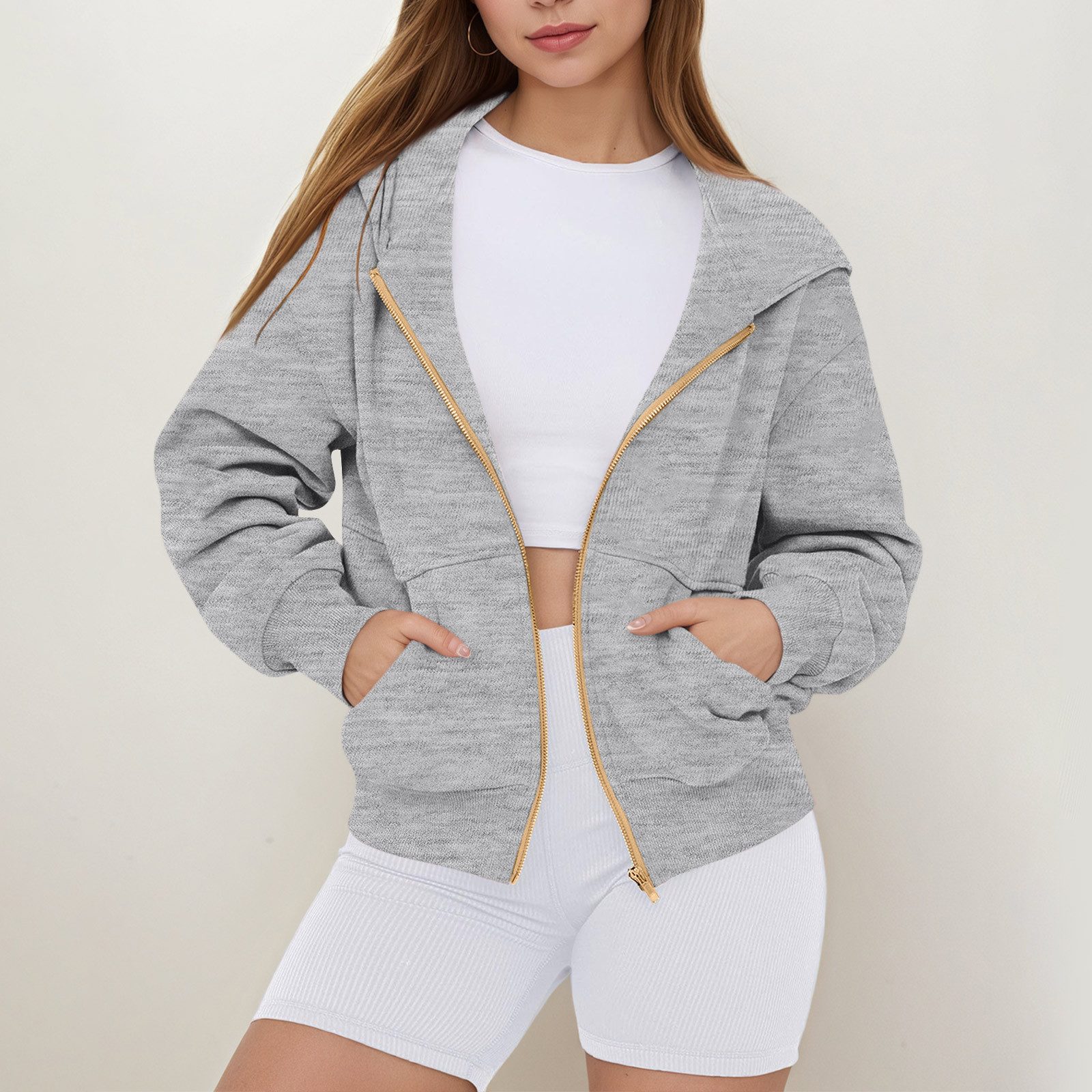 2026 Fall/Winter New Arrival Comfortable Loose Solid Color Hooded Zip-Up Sweatshirt