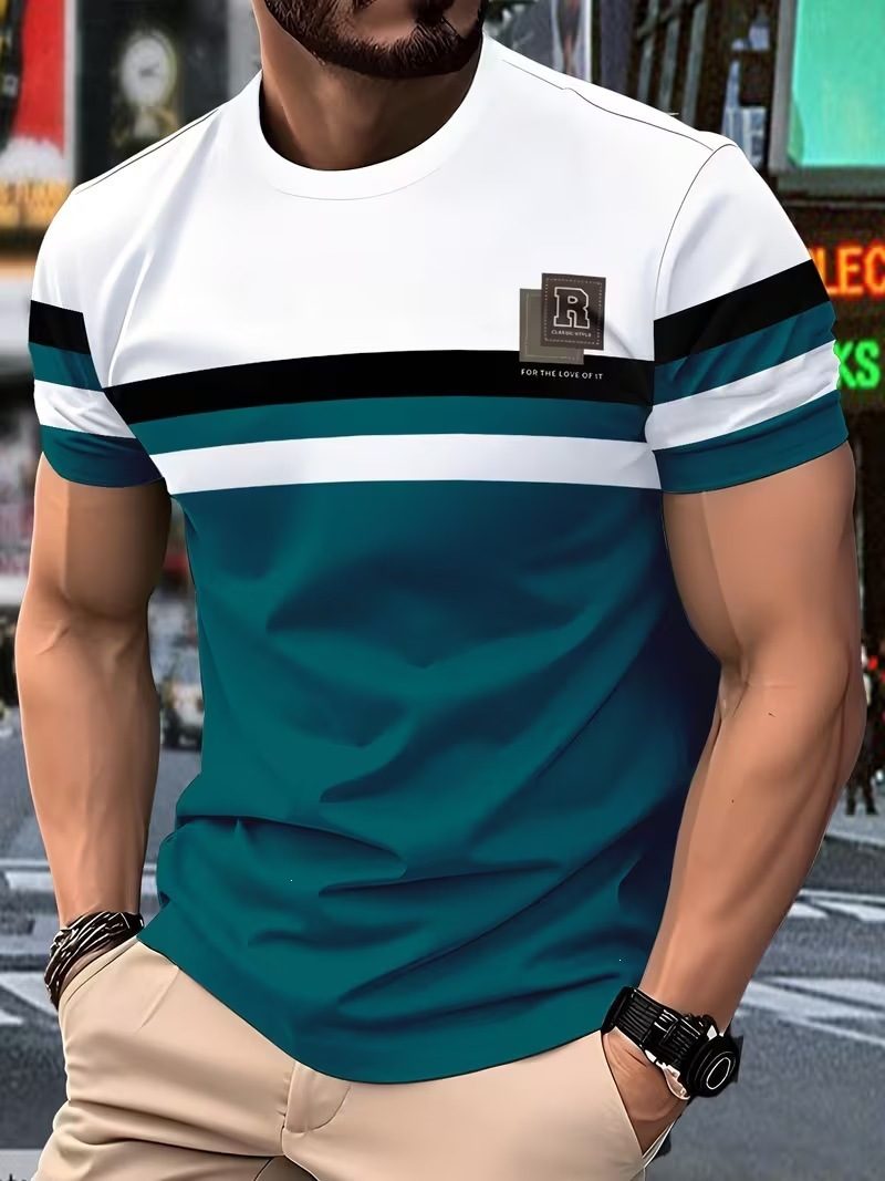 New Simple Striped Design 3D Print Men's T-Shirt Casual Novelty Logo Round Neck Short Sleeve